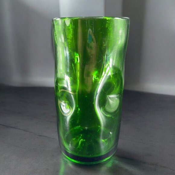 1970s Hand Blown Emerald Green Tall Cylinder Glass Vase Dimple Hand Made Vintage - Picture 2 of 14